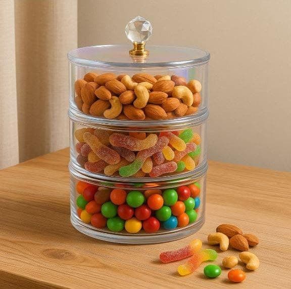 Generic 3-Tier Glass Candy Storage Container, Stackable Snack Jar with Crystal Knob, Clear .db Food storage container