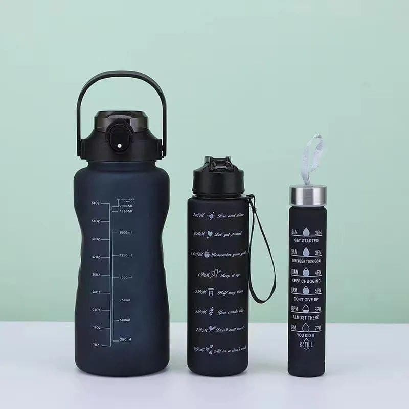 3-Piece Water Bottle Set 2L 1L 500ml with Stainless Steel Lid Carrying Strap and Straw for Sports Gym Fitness and Daily Outdoor Hydration Tracking