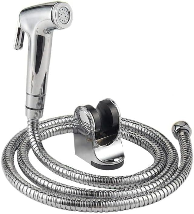 High Pressure Handheld Toilet Bidet Set - Water Sprayer for Personal Hygiene and Bathroom Cleaning - with Flexible Hose and Mounting Base (Atomtic Bathroom Shattaf with Holder and Hose Silver) Faucet