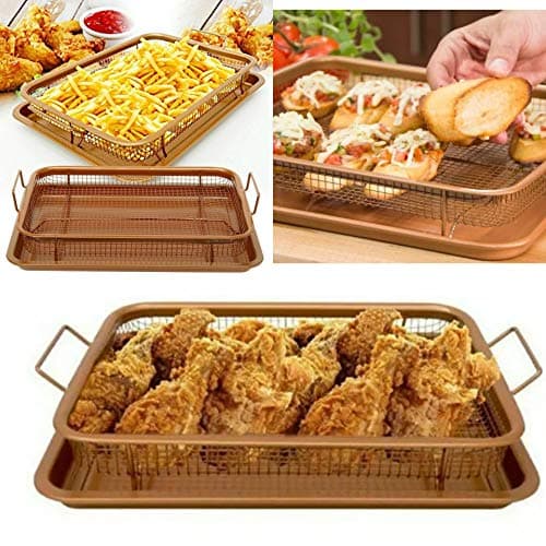 ADEPTNA 2PCS Copper Infused Multi-Purpose Crisper Tray Set Non Stick Mesh Pan Air Fryer Oven Grill Tray Basket (Rectangle Crisper Tray Set) Baking pan