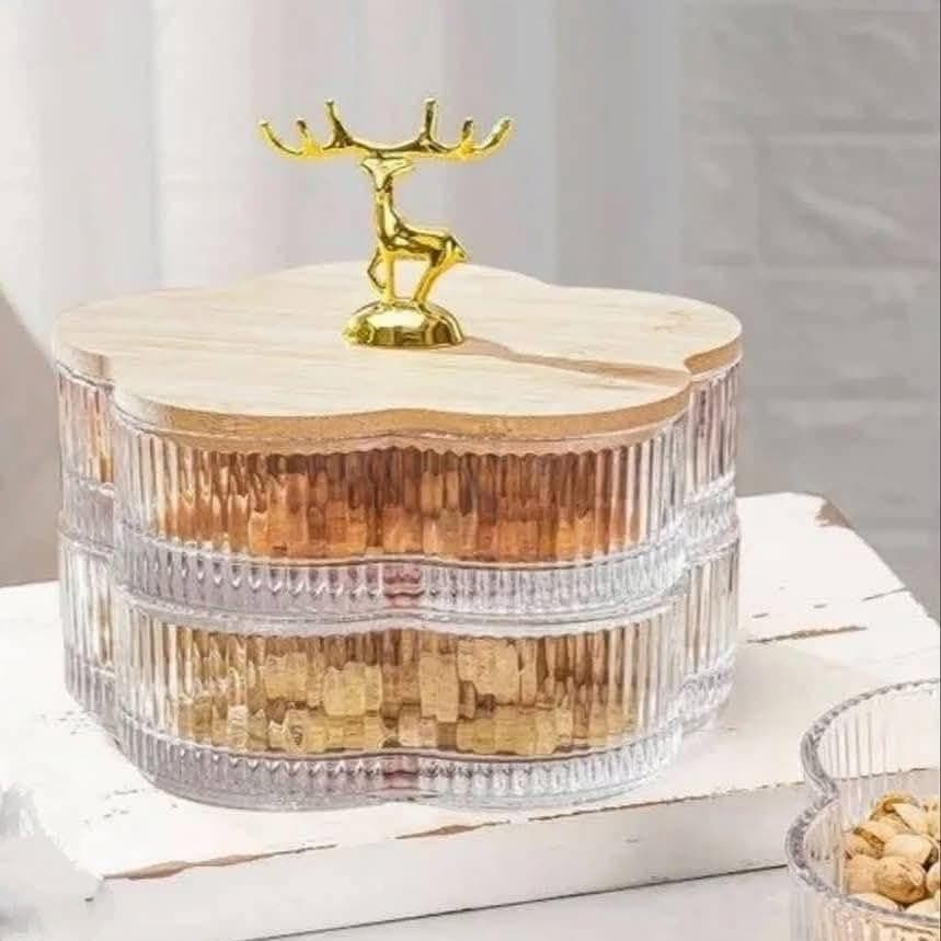 Generic Glass Snack with Wooden Lid and Gold Deer Figurine, 2-Tier Clear Candy Storage Box, .flo Food storage container