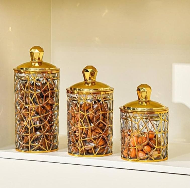 Generic Gold Decorative Canister Jar Set, Geometric Patterned, with Tight-Fitting Lids, for Tea, Coffee, Sugar, Candy, Set of 3, .db