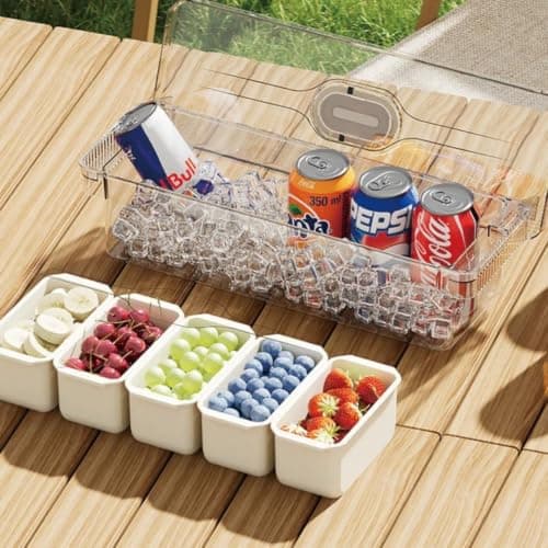 Generic Rectangular acrylic 5-in-1 container with 5 plastic pieces, Includes 5 fruit forks and 2 tongs, With a, transparent flip-top lid, With two handles High-quality imported product .db