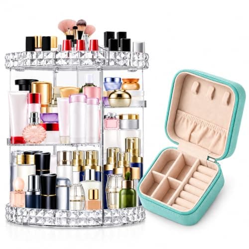 360 Degree Rotating Makeup Organizer with Travel Jewelry Accessories Organizer Case, Clear Acrylic, Large Storage Capacity, Cosmetic Organizer Perfume Vanity Table Caddy