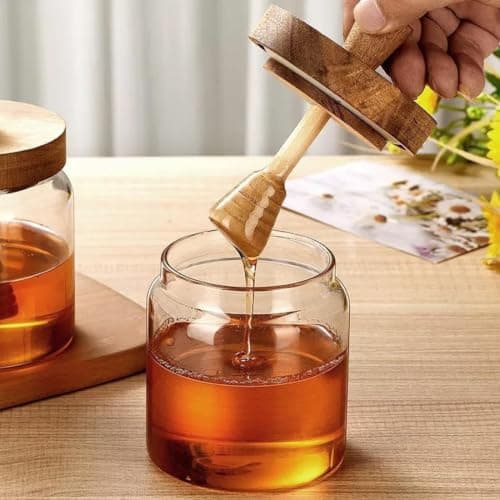 Generic Glass honey jar with a wooden spoon,Made of high-quality clear glass with a natural wood lid,Features an integrated wooden spoon for easy honey use,Airtight lid prevents leakage,400g, .bs