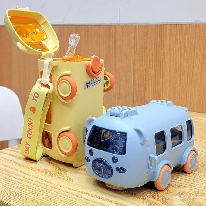 Kids Bus Water Bottle with Carrying Strap and Straw, 500ml Durable Bus Bottle for School Travel Trips, Leakproof Cartoon Drinking Bottle