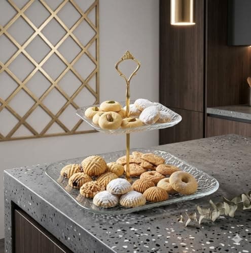 Generic 2-Tier Clear Glass Display Stand, Multi-Purpose Serving Tray for Fruit, Cakes, Biscuits and Sweets, with Gold Handle, .sa