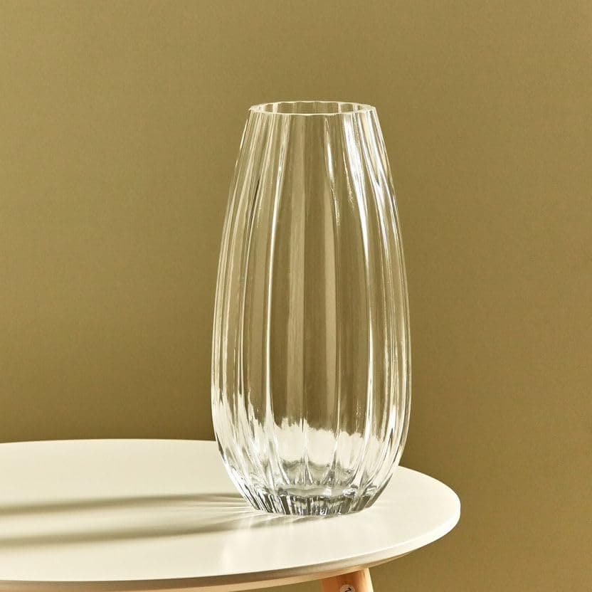 Clear Glass Vase, Vertical Fluted Design, Oval Elongated Shape 30cm
