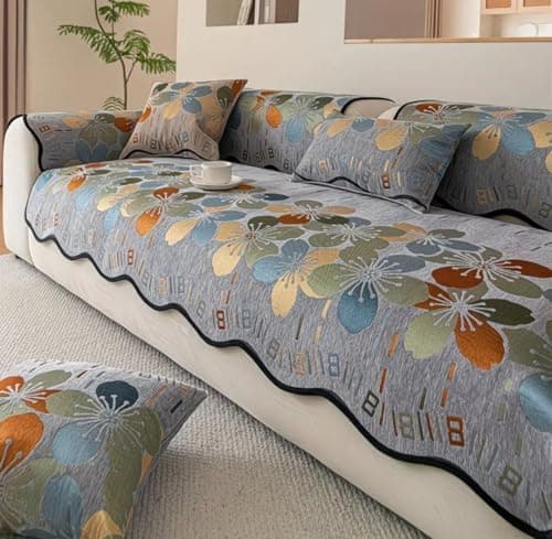 Generic Floral Sofa Cover Set, Gray Linen, 10-Piece with Back Towels, Large 195x80 cm and Middle 145x80 cm, .ms