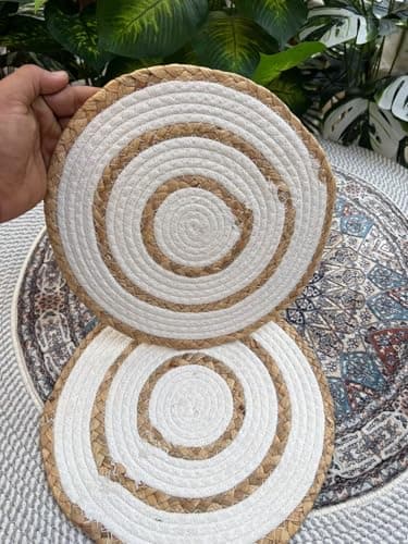 Generic Round Wicker and Cotton Rope Placemat, Spiral Design, Natural Boho Style Coaster, .em