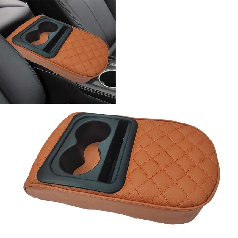 KaberMisr 2020 Padded Armrest with Built-in Cup Holders, Multi-Color Storage Bag, Small Organizer for Hands-Free Driving and Comfort (Camel, Code:9650)