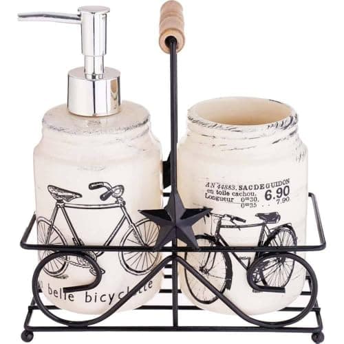 Generic Vintage Bicycle Ceramic Soap Dispenser and Brush Holder Set, Porcelain with Metal Stand, belle bicyclette Theme, .a2 Bathroom container set