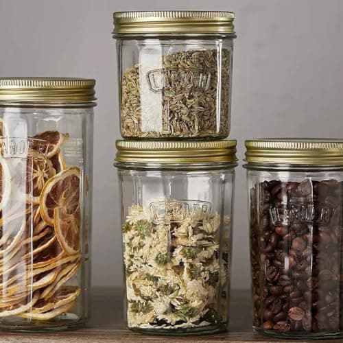 Generic Larder Glass Storage Jar Set, Airtight Gold Lids, Clear, 300ml, 450ml, 750ml, for Spices, Grains, Dried Goods, 6 Pieces, .kl