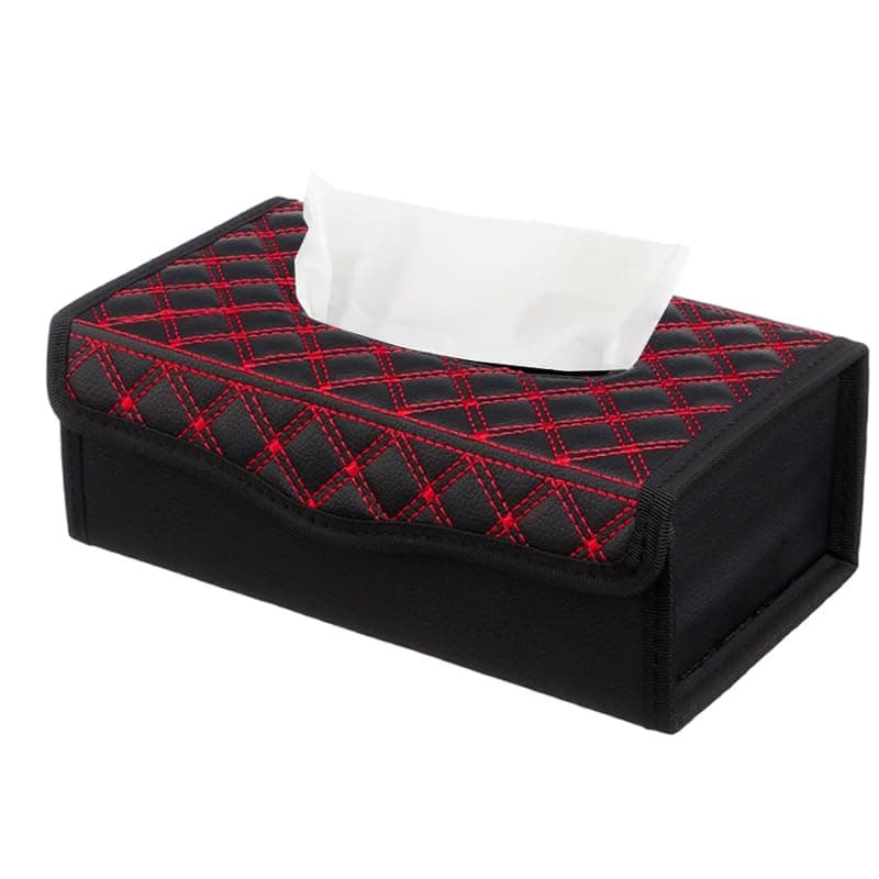 KaberMisr 2020 Rectangular Faux Leather Tissue Box Embroidered for Home, Office and Car Use (Black Line Red, Code 8698) Facial tissue holder