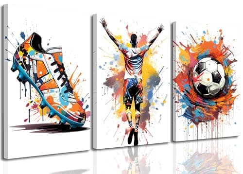 LOXXRGT 3Pcs Graffiti Soccer Canvas Wall Art Colorful Sneakers Posters Prints Wall Decor Pictures Sports Theme Football Paintings for Bedroom Boys Room Teen Kids Playroom Home Decoration