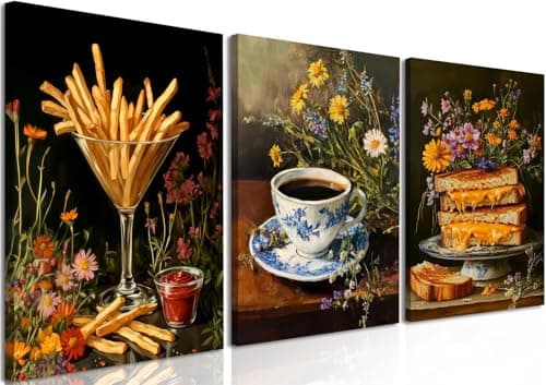 Food Kitchen Wall Art Set of 3, Colorful Dining Room Cheese Coffee Fries Wall Decor Paintings, Vintage Dark Flower Kitchen Poster Canvas Prints Aesthetics Artwork 12x16 inch Framed