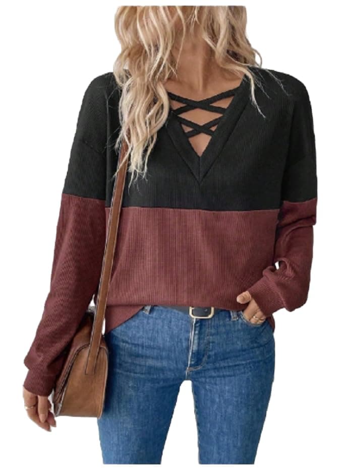Women's Cross Collar Contrast Color Block Drop Shoulder Long Sleeve Casual Sweatshirt Pullover Fall Outfit Shirt