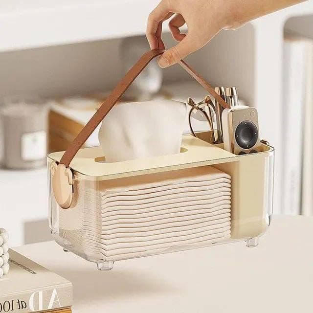 Generic 2-in-1 Tissue Box Organiser with Leather Handle, Clear Desktop Storage, Imported, .sew Facial tissue holder