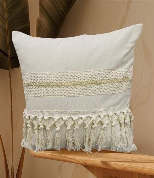 Generic Macrame Cushion in Linen with Fringe Detail, beige, .sr