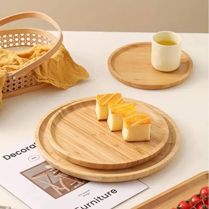 Generic Round Bamboo Serving Tray Set, Waterproof, Stylish and Practical for Breakfast, Snacks, Fruit, and Pastries, set of 3 .hg