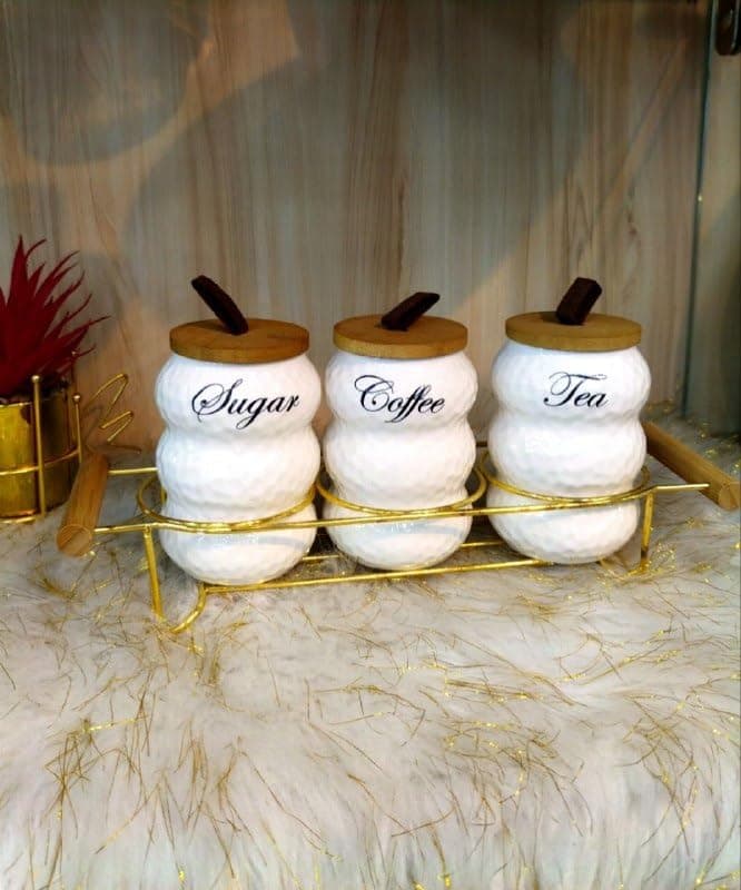 Generic Tea Coffee Sugar Canister Set with Wooden Lids, 3-Piece Kitchen Storage Jar Set, White .tk Food storage container
