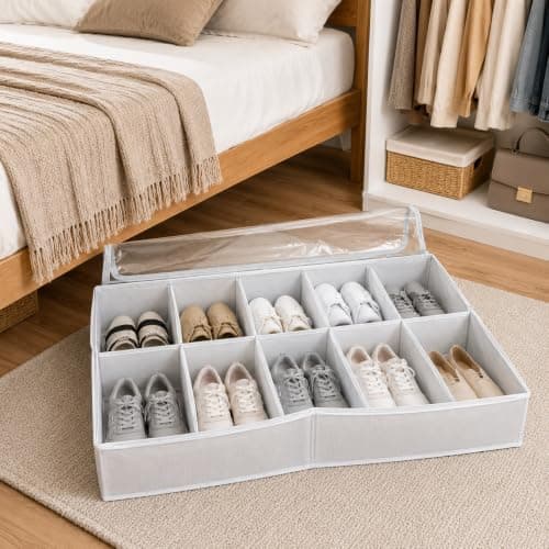 Under Bed Shoe Storage Organizer 12 Compartments Foldable Multipurpose Box with Transparent Cover Non Woven Waterproof Dustproof Easy Pull Handle Space Saving Closet Bedroom White