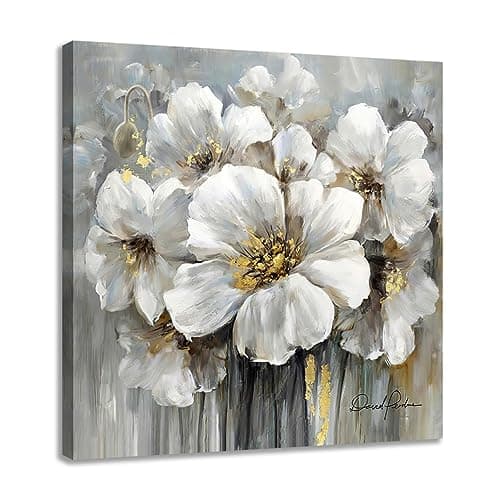 Bathroom Wall Art Flower Painting White and Gray Floral with Gold Picture on Canvas,Women Bedroom Walls Decor 12x12