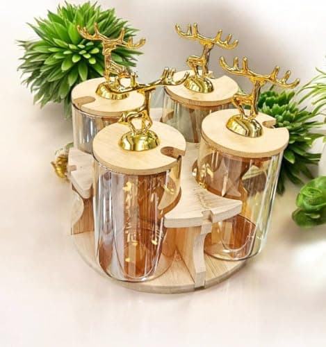 Generic Glass Spice Jar Set, Honey Colour, 350 ml, 4 Pieces with Wooden Stand and Spoon, .hd