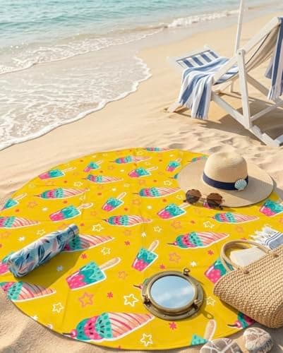 Round Beach Mat 135 cm – Waterproof Sand-Resistant Picnic & Travel Mat, Lightweight Polyester Blend Outdoor Blanket (Ice Cream) Rug
