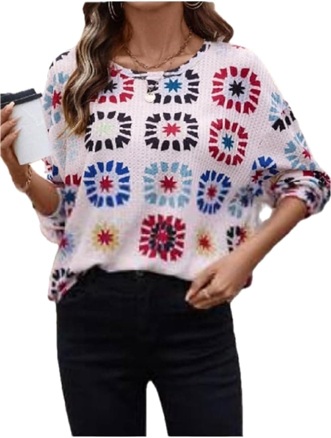 Women's Round Neck Long Sleeve Waffle Knit Floral Printed Sweatshirt, Casual Everyday Wear Pullover Fall Outfit