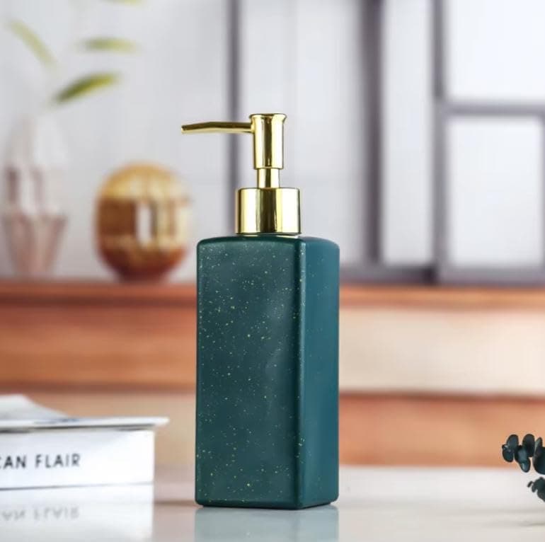 Generic Olive Green Glass Soap Dispenser with Gold Pump, 350 ml, Square Bottle for Shower or Shampoo, .sa