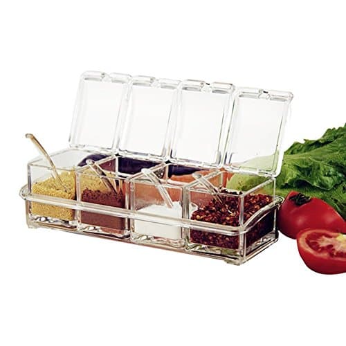Prima Kitchenware Crystal Seasoning Acrylic Spice Dispenser Jar Cruet Kitchen Salt Box Storage Container Condiment Jars Cruet with Cover Spoon-Kitchen Utensils Supplies 4Pcs Set Food storage container