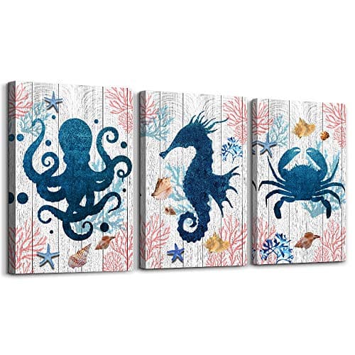 Black and white Sea Horse Octopus Crab 3 Piece Ocean Theme Canvas Wall Art for Living Room Kitchen Bedroom Bathroom wall decor Hang Picture Artwork Office Home decoration watercolor Wall paintings