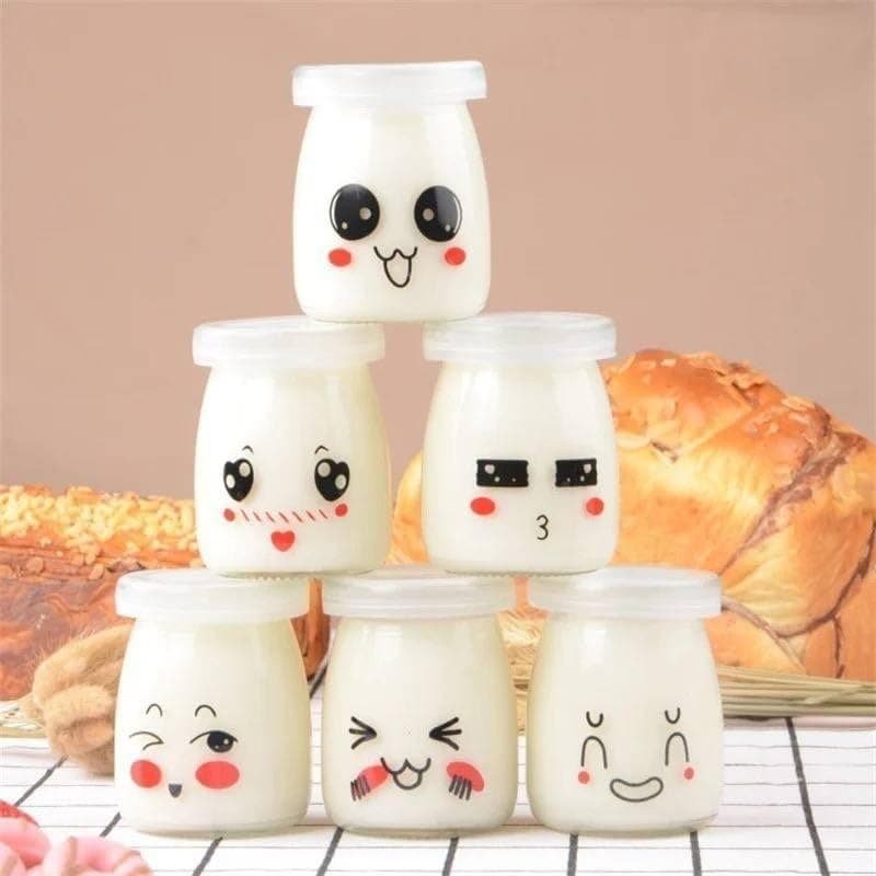 Generic Mini Glass Yogurt Cups with Lids, Set of 6, 200ml, Cute Face Design, for Pudding, Jelly and Snacks, .A2