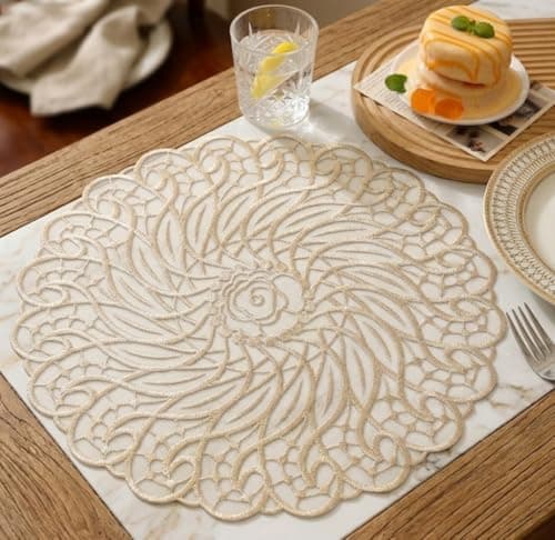 Generic Round Lace Placemat Set, Champagne, 38 cm, Elegant Floral Design, Set of 6, .db