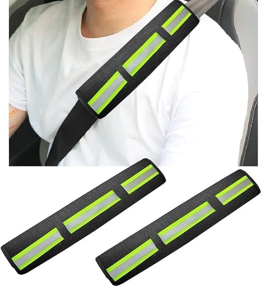 PU Leather Seat Belt Shoulder Pads, Car Seat Belt Covers Studded - (2pcs, Black Reflective Stripe,) SACAR