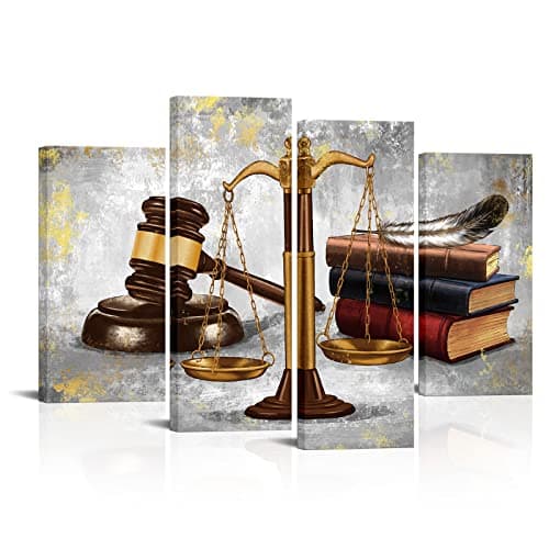 Saypeacher 4 Pieces Vintage Law Office Room Decor Legal Canvas Wall Art Law Firm Scales Justice Hammer Picture Prints on Canvas 12"x24"x2pcs+12"x32"x2pcs