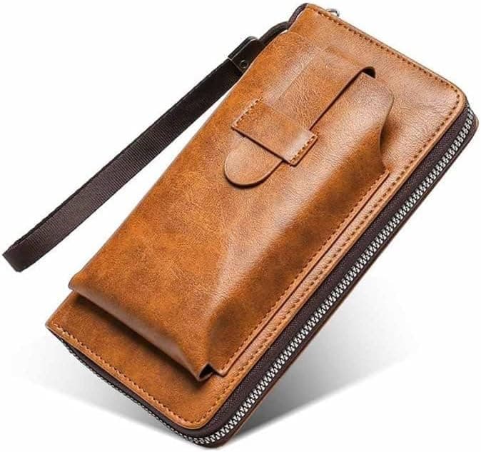 Vintage Leather Clip Wallet - Retro Small Stylish Wallet for Men Women with Phone Pocket (Light Brown)