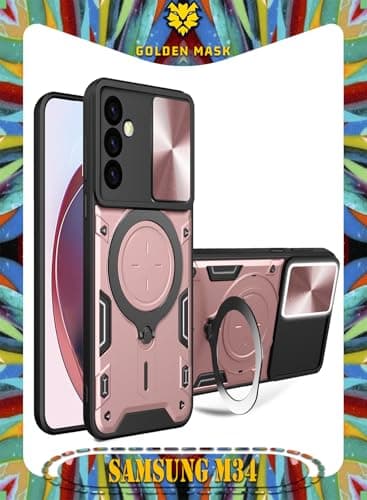 GOLDEN MASK For Samsung Galaxy M34 Armored Camera Shield Cover Camera Lend Protection, Built-in 360° (Rose Gold) Cellular phone case