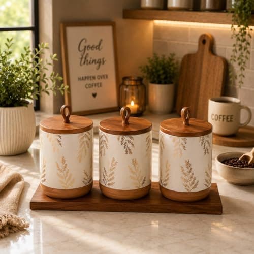 Generic Canister Set of 3 with Wooden Lids and Tray, 750ml, Ais