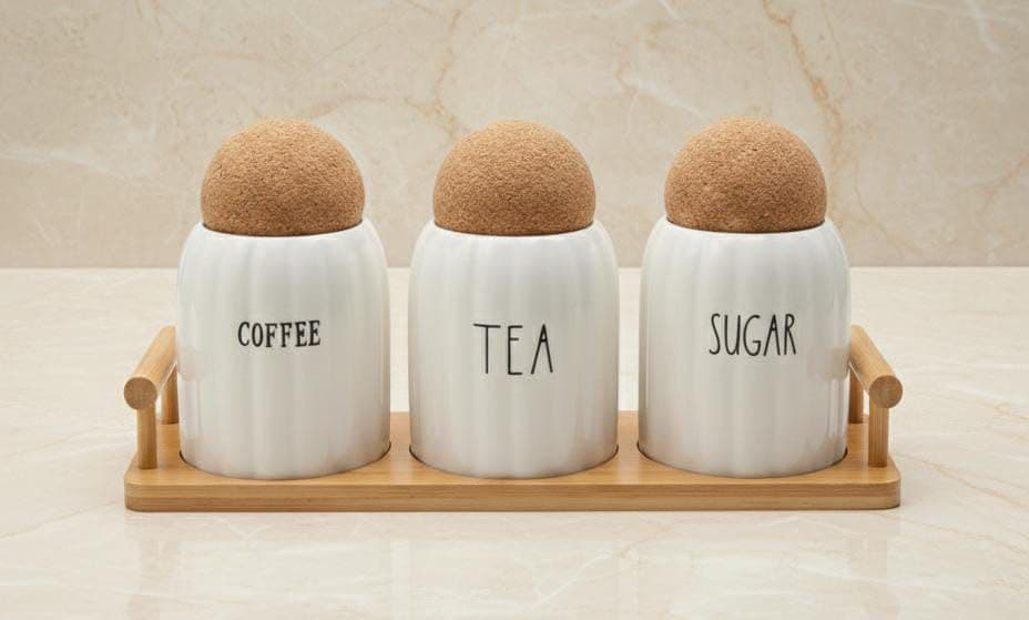 Generic Coffee, Tea and Sugar Canister Set with Cork Lids, Wooden Tray, White, 350 ml, 3 Piece, .bs Food storage container