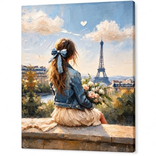Chamois Decorative Canvas Wall Art, 70 x 100 cm | Paris Eiffel Tower, Oil Paint Style, Girl with Flowers, Living Room Decor, Textured Finish