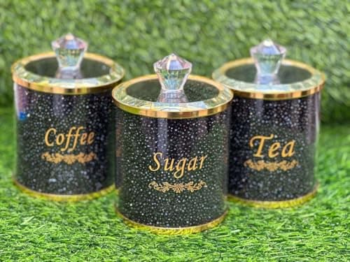 Generic Decorative Kitchen Canister Set, 3-Piece Crystal Glass Storage Containers with Pearl Encrusted Design, Black and Gold .sem