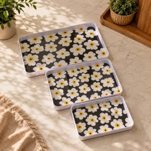 Generic Decorative Serving Tray Set with Floral Pattern, Black and White, Set of 3, for Drinks, Desserts and Gatherings, .Ais