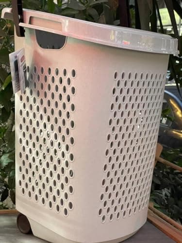 Aksa Plastic Laundry Basket With Handle And Wheel, 60 50 Cm - White With Brown Handle