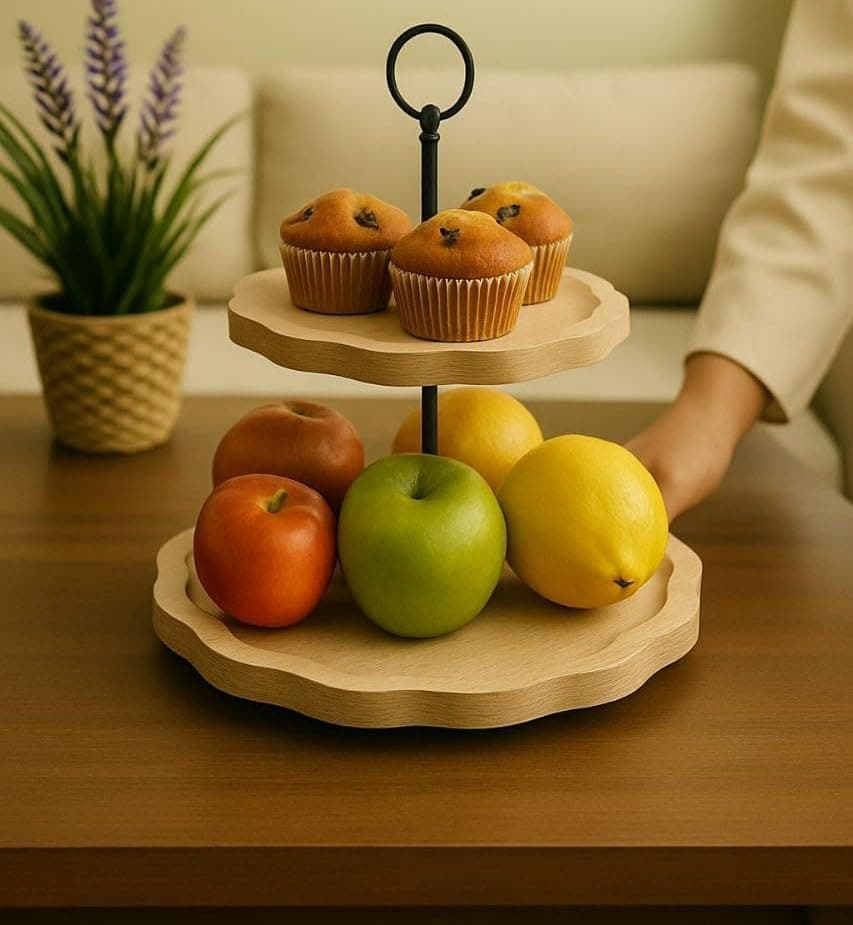 Generic 2-Tier Wooden Serving Stand with Metal Handle, 30 cm and 26 cm Diameter, for Fruits, Cupcakes and Snacks .soh