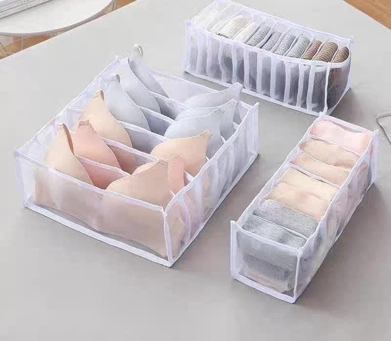 Generic Divided Underwear Organiser, 3-Piece Set, Transparent Nylon Mesh, 6, 11 and 7 Compartments, Washable, White, .db