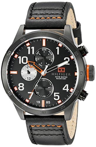 Tommy Hilfiger 1791136 Stitched-Detail Leather Round Analog Water Resistant Watch for Men - Black