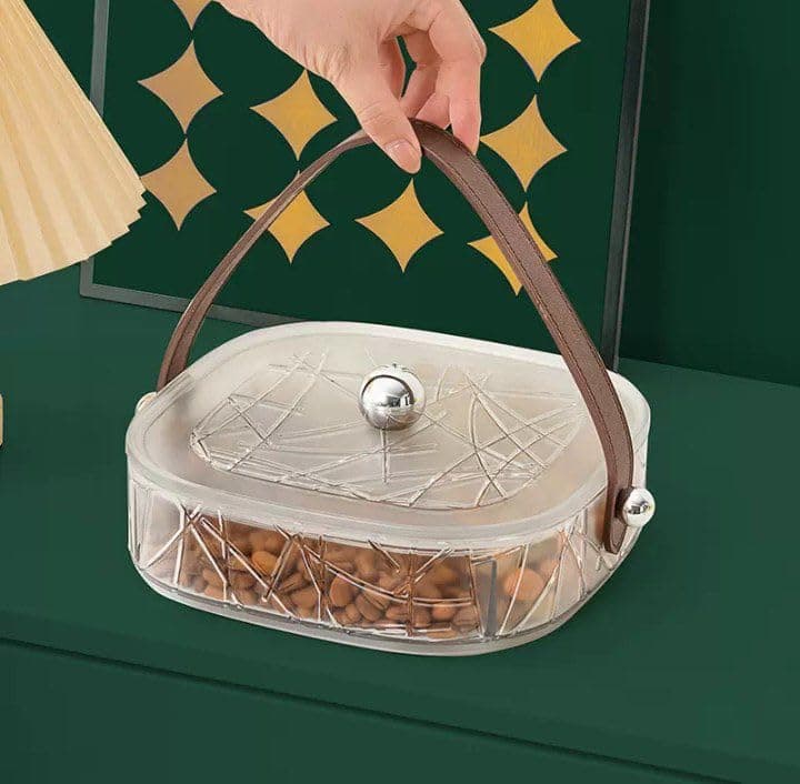 Generic Divided Snack Serving Tray, Transparent, with Compartments for Nuts and Chocolates, Leather Handle, Single Tier, .za