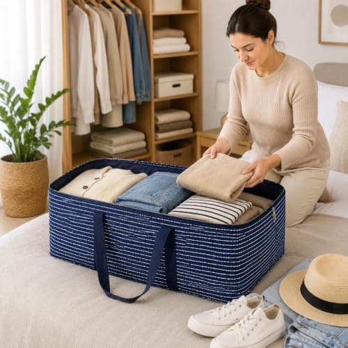 XL Storage Bag With Zipper Foldable Waterproof Dustproof Clothes Blanket Quilt Organizer Large Capacity Bedding Comforter Storage Container Under Bed Closet 60X40X20 Cm 48L Blue